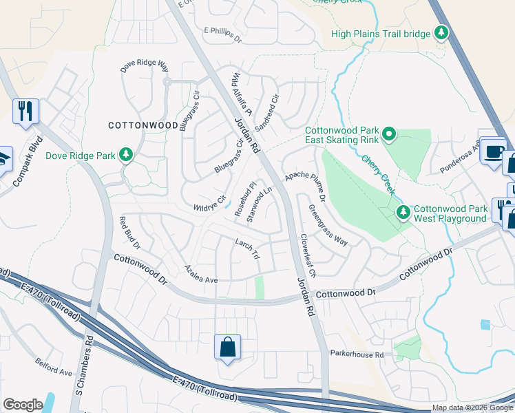 map of restaurants, bars, coffee shops, grocery stores, and more near 8740 Starwood Lane in Parker