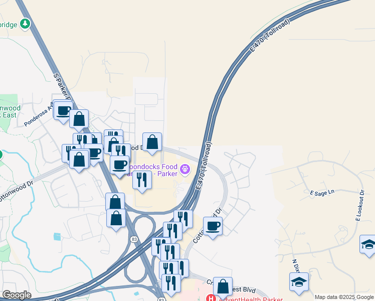 map of restaurants, bars, coffee shops, grocery stores, and more near 18801 Cottonwood Drive in Parker