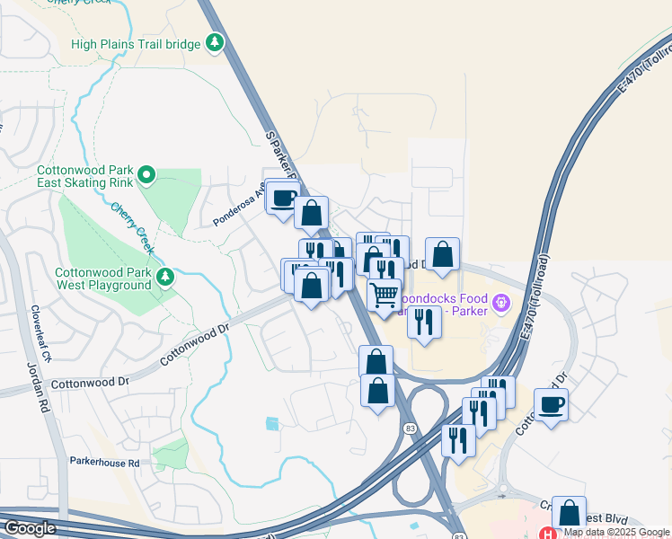 map of restaurants, bars, coffee shops, grocery stores, and more near 17825 Cottonwood Drive in Parker