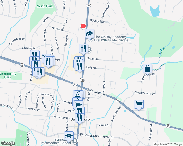 map of restaurants, bars, coffee shops, grocery stores, and more near 65 Elkins Lane in Springboro