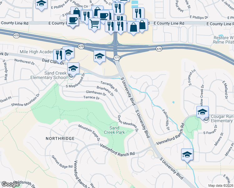 map of restaurants, bars, coffee shops, grocery stores, and more near 2414 Briarhurst Drive in Littleton