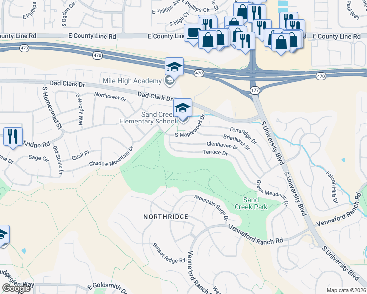 map of restaurants, bars, coffee shops, grocery stores, and more near 2066 Glenhaven Dr in Highlands Ranch