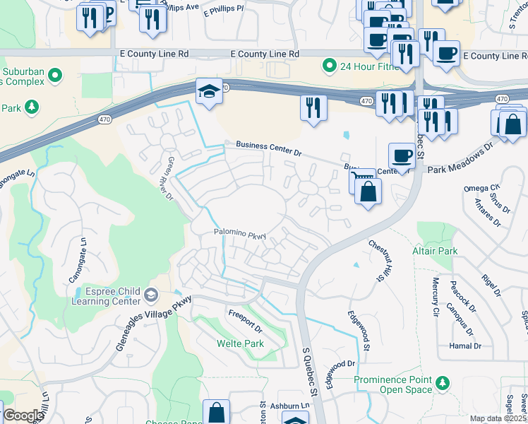 map of restaurants, bars, coffee shops, grocery stores, and more near 6700 Palomino Parkway in Highlands Ranch