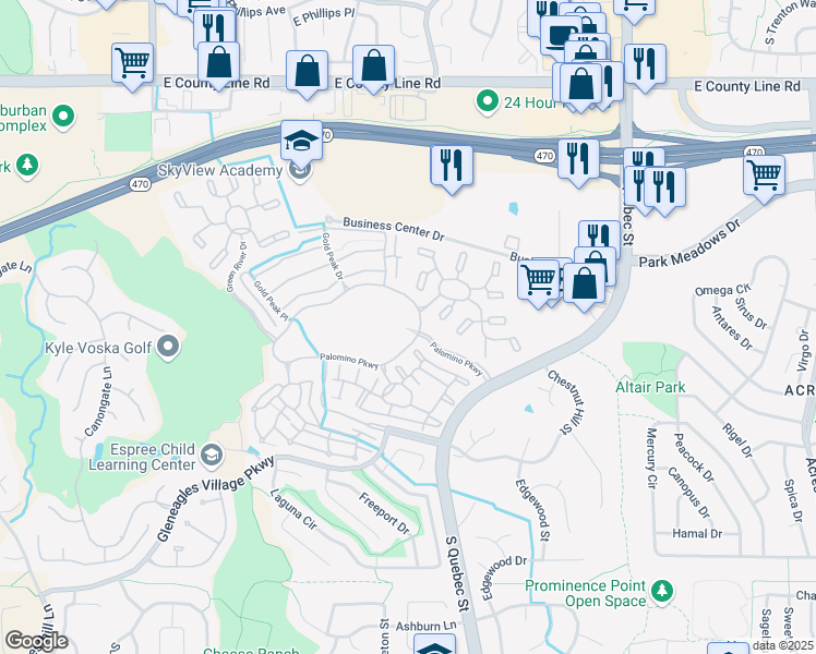 map of restaurants, bars, coffee shops, grocery stores, and more near 6690 Palomino Parkway in Highlands Ranch