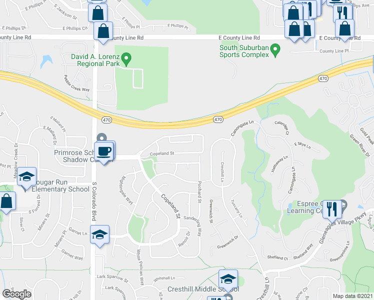 map of restaurants, bars, coffee shops, grocery stores, and more near 4741 Whimbrel Drive in Littleton