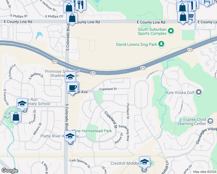 map of restaurants, bars, coffee shops, grocery stores, and more near 4661 Whimbrel Drive in Littleton