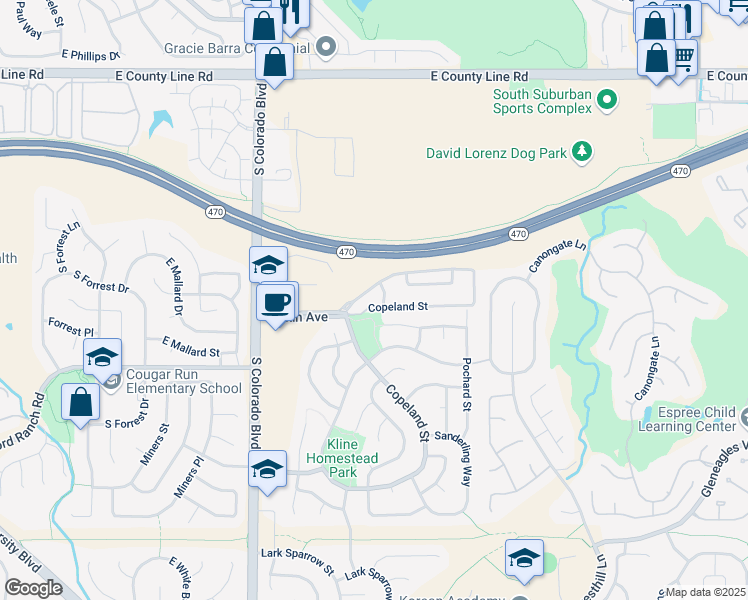 map of restaurants, bars, coffee shops, grocery stores, and more near 8789 Redwing Avenue in Highlands Ranch