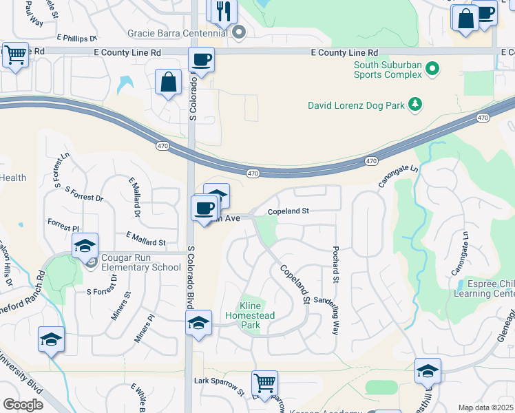 map of restaurants, bars, coffee shops, grocery stores, and more near in Highlands Ranch