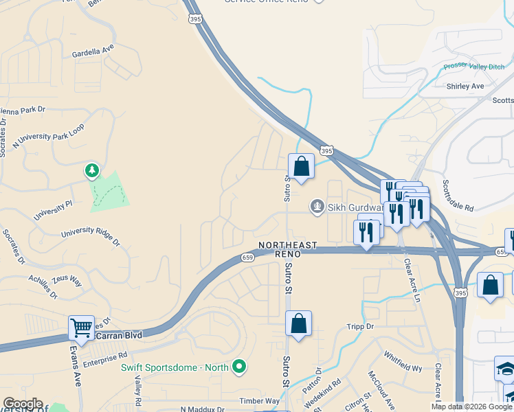 map of restaurants, bars, coffee shops, grocery stores, and more near 3937 Clear Acre Lane in Reno