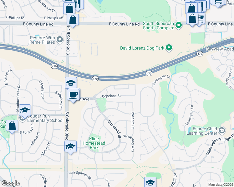 map of restaurants, bars, coffee shops, grocery stores, and more near 4661 Whimbrel Drive in Littleton