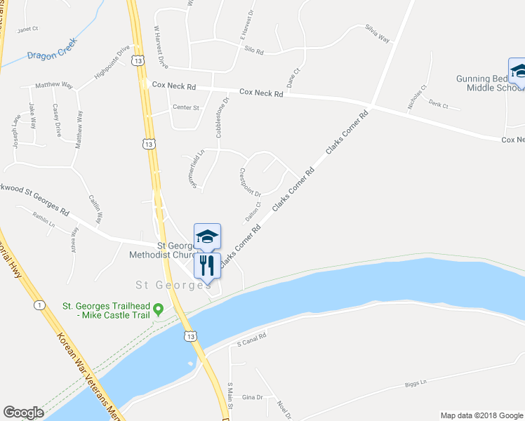 map of restaurants, bars, coffee shops, grocery stores, and more near 5 Dalton Court in New Castle
