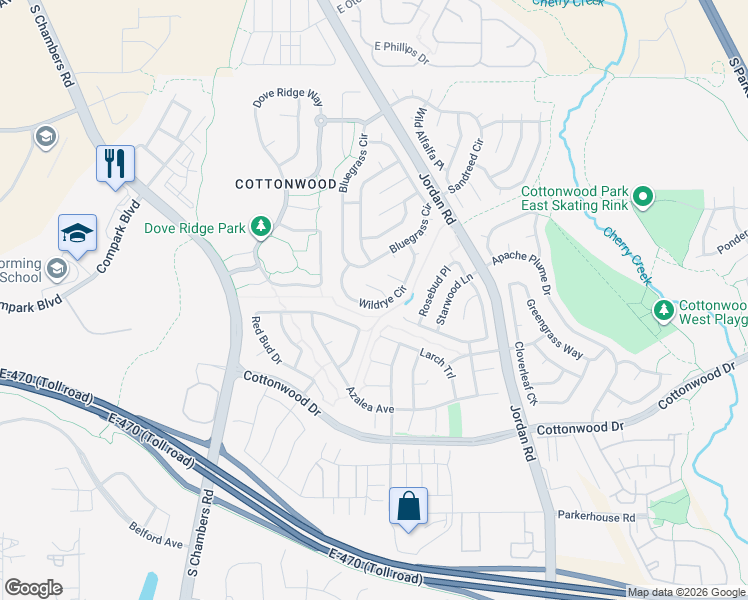 map of restaurants, bars, coffee shops, grocery stores, and more near 8722 Wildrye Circle in Parker