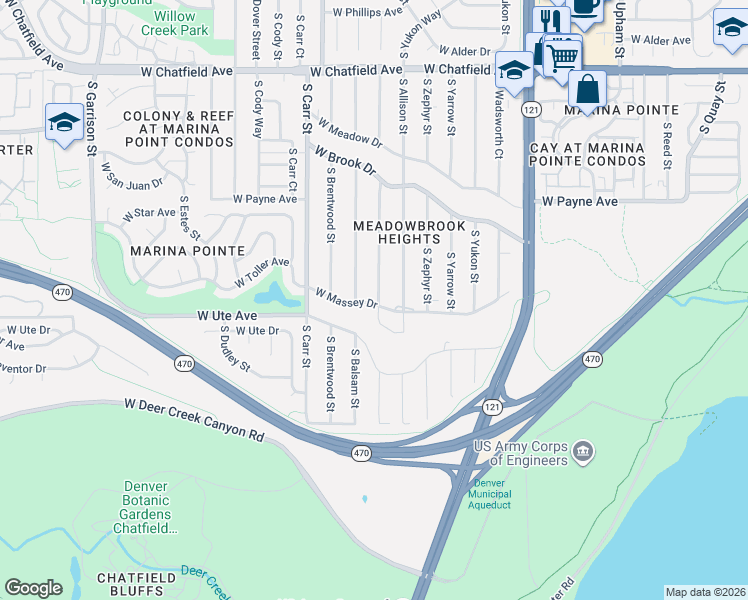 map of restaurants, bars, coffee shops, grocery stores, and more near 8245 West Stene Drive in Littleton