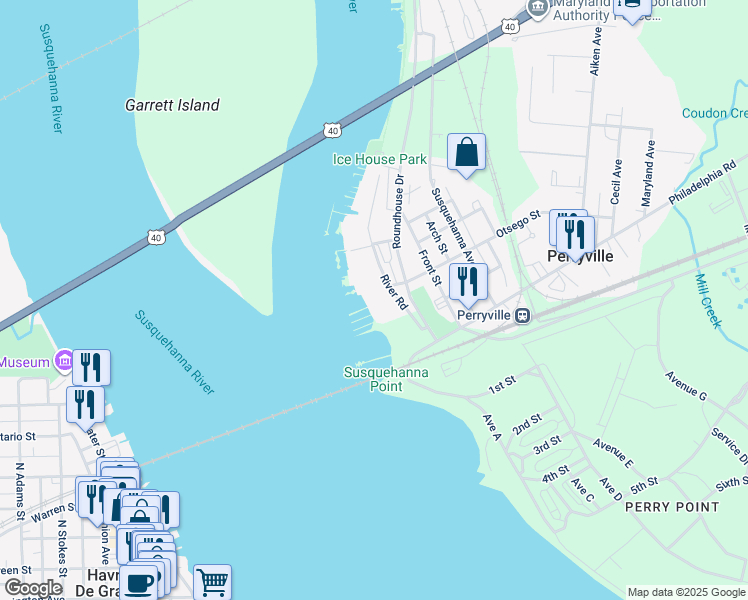 map of restaurants, bars, coffee shops, grocery stores, and more near 13 Owens Landing Court in Perryville