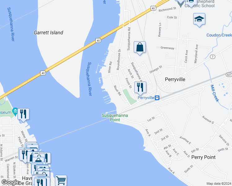map of restaurants, bars, coffee shops, grocery stores, and more near 20 Owens Landing Court in Perryville