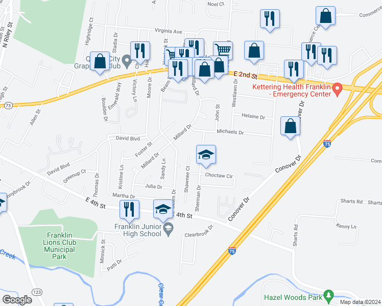 map of restaurants, bars, coffee shops, grocery stores, and more near 72 Shawnee Court in Franklin