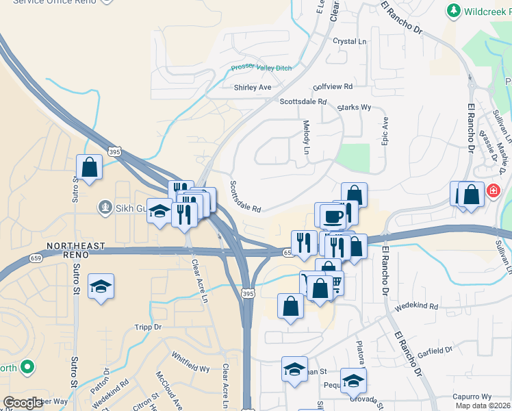 map of restaurants, bars, coffee shops, grocery stores, and more near 2835 Scottsdale Road in Reno