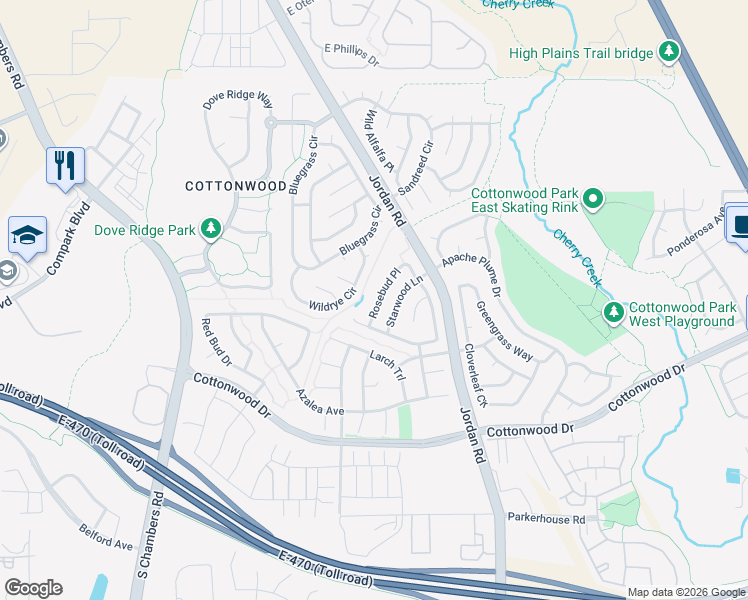 map of restaurants, bars, coffee shops, grocery stores, and more near 16397 Buckthorn Lane in Parker