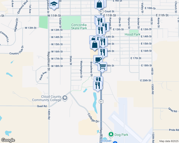 map of restaurants, bars, coffee shops, grocery stores, and more near 1911-1919 Broadway Street in Concordia