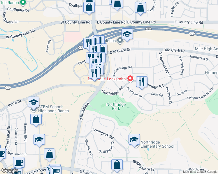 map of restaurants, bars, coffee shops, grocery stores, and more near 30 Jack Rabbit Place in Littleton