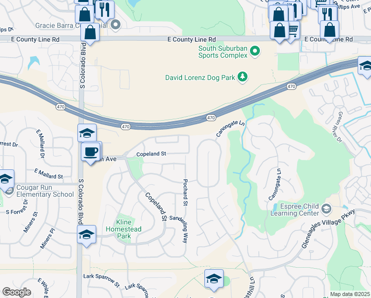 map of restaurants, bars, coffee shops, grocery stores, and more near 8714 Pochard Street in Littleton
