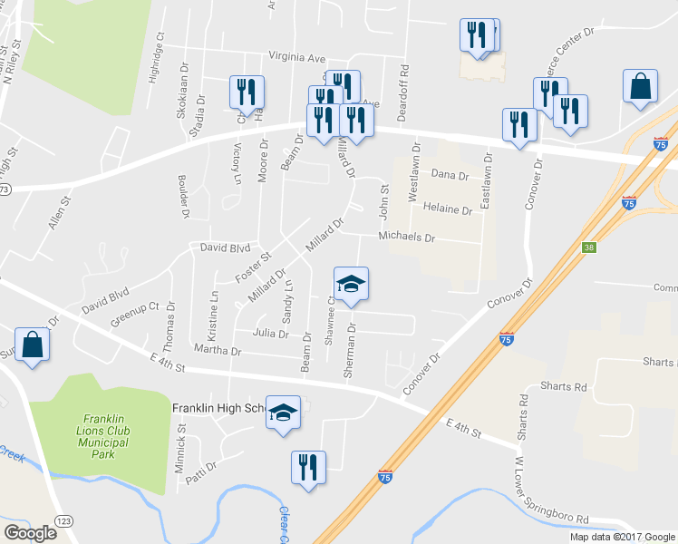 map of restaurants, bars, coffee shops, grocery stores, and more near 72 Shawnee Court in Franklin
