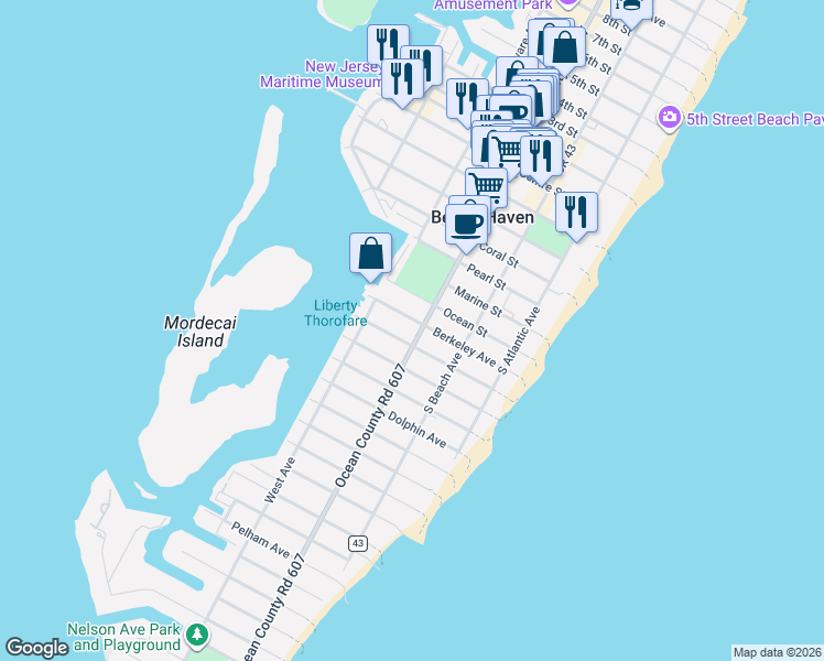 map of restaurants, bars, coffee shops, grocery stores, and more near 311 Berkeley Avenue in Beach Haven