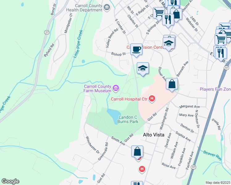 map of restaurants, bars, coffee shops, grocery stores, and more near 500 South Center Street in Westminster