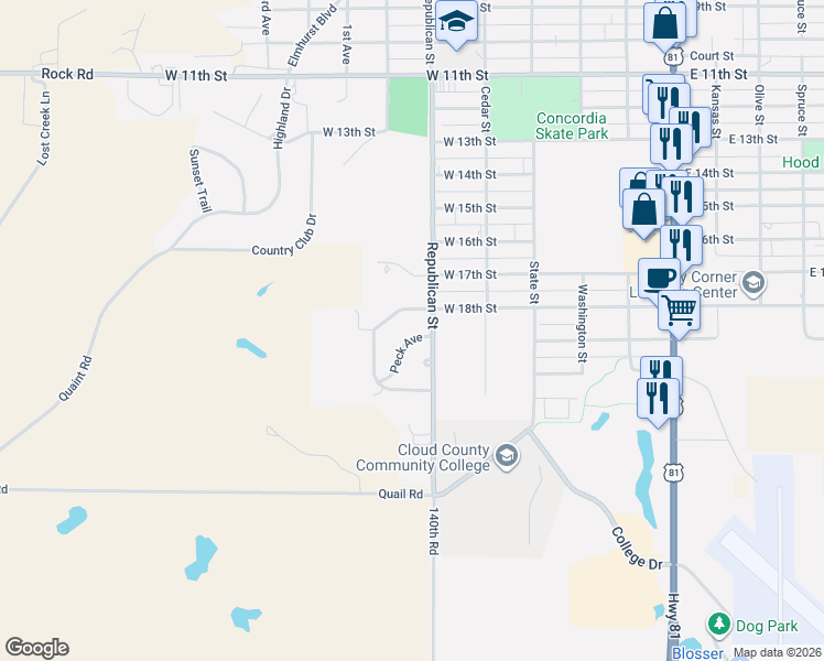 map of restaurants, bars, coffee shops, grocery stores, and more near 501-547 West 18th Street in Concordia