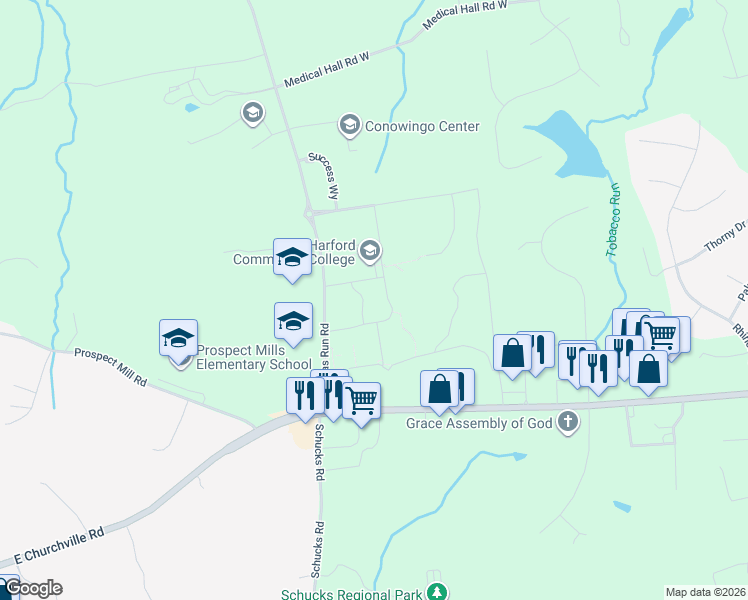 map of restaurants, bars, coffee shops, grocery stores, and more near 401 Thomas Run Road in Bel Air