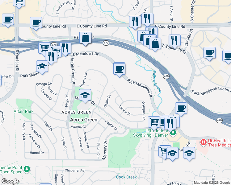 map of restaurants, bars, coffee shops, grocery stores, and more near 13572 Achilles Drive in Lone Tree