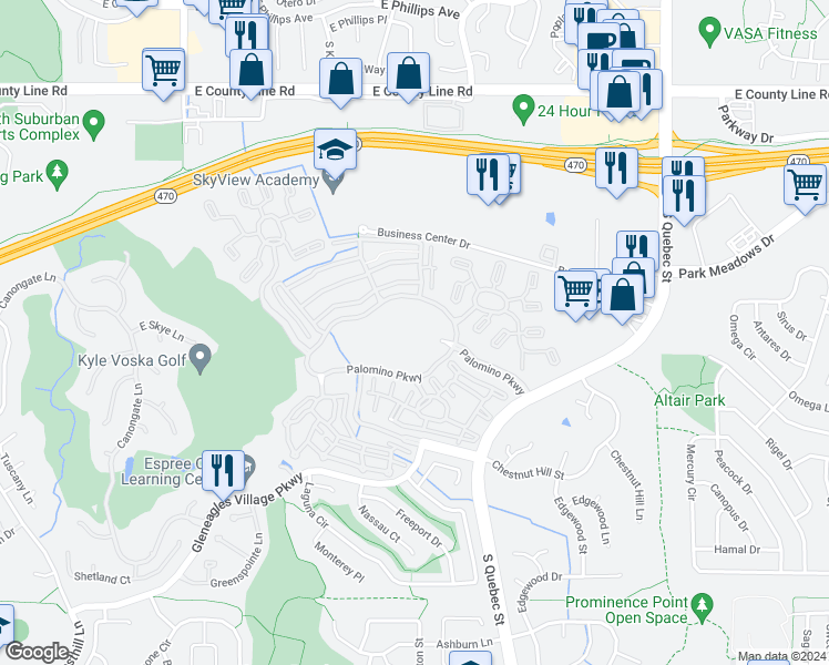 map of restaurants, bars, coffee shops, grocery stores, and more near 6700 Palomino Parkway in Highlands Ranch