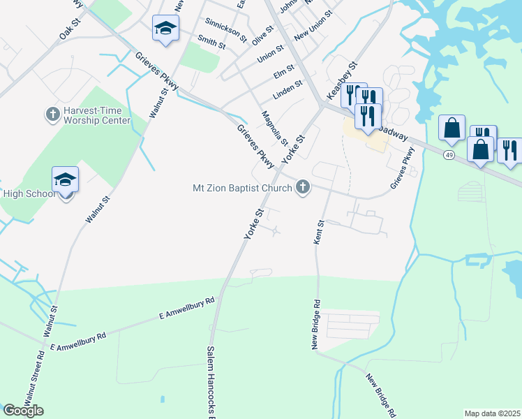 map of restaurants, bars, coffee shops, grocery stores, and more near 103 Yorke Street in Salem
