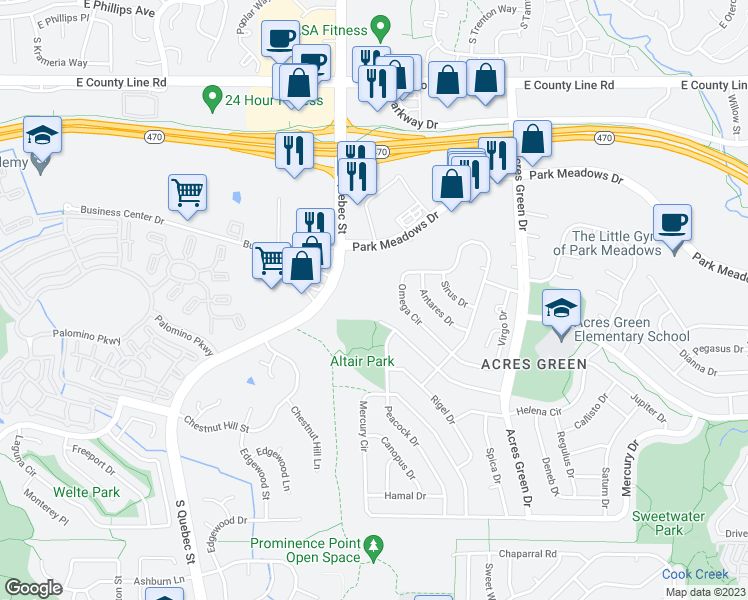 map of restaurants, bars, coffee shops, grocery stores, and more near 8660 South Quebec Street in Lone Tree