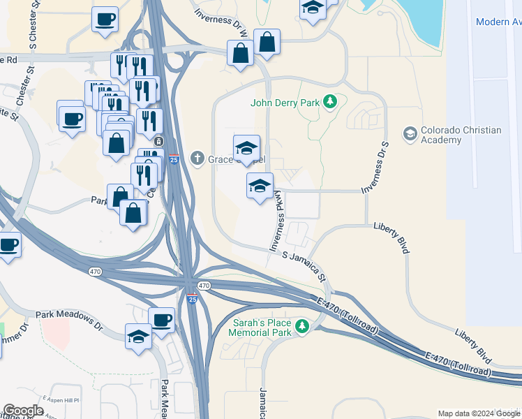 map of restaurants, bars, coffee shops, grocery stores, and more near 367 Inverness Parkway in Englewood