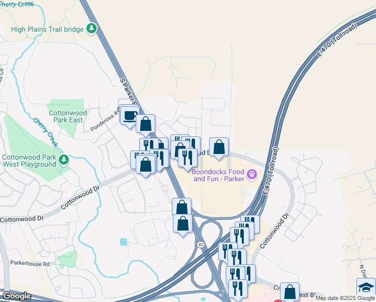map of restaurants, bars, coffee shops, grocery stores, and more near 18285 Cottonwood Drive in Parker