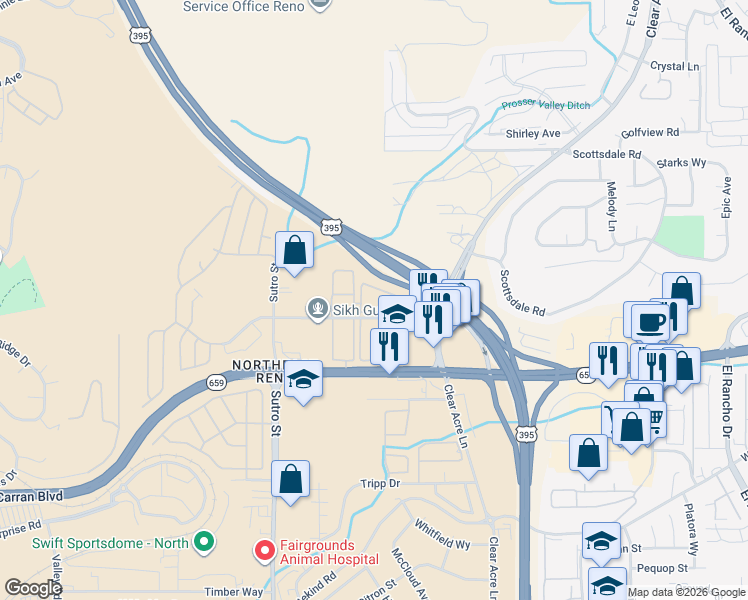 map of restaurants, bars, coffee shops, grocery stores, and more near 1855 Selmi Drive in Reno