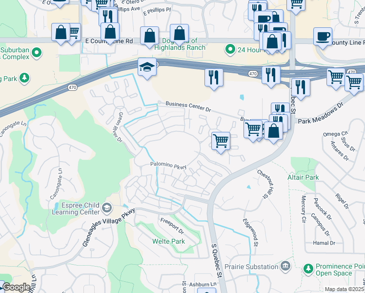 map of restaurants, bars, coffee shops, grocery stores, and more near 6700 Palomino Parkway in Highlands Ranch