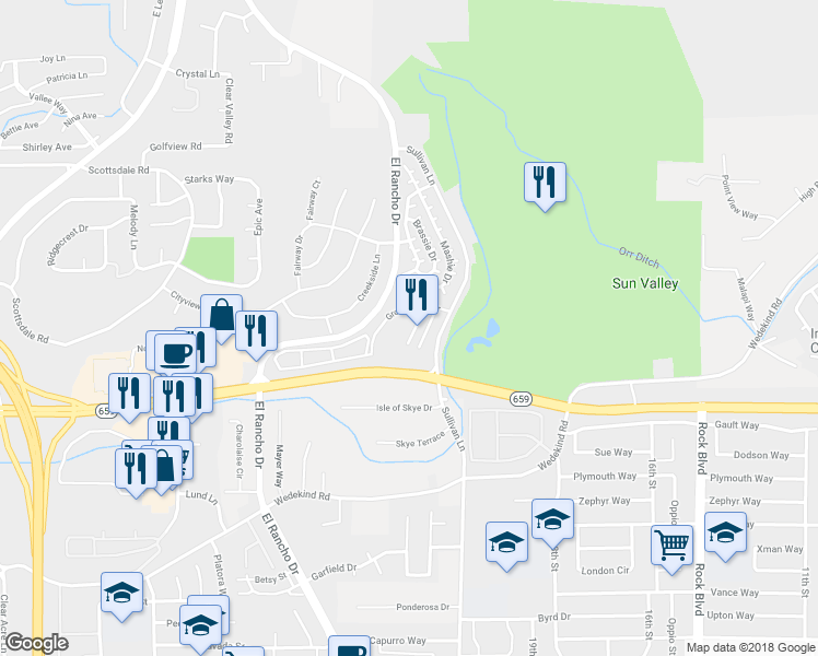 map of restaurants, bars, coffee shops, grocery stores, and more near 2225 Green Vista Dr in Sparks