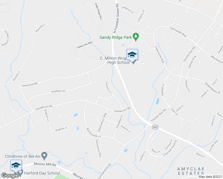 map of restaurants, bars, coffee shops, grocery stores, and more near 1323 Cheshire Lane in Bel Air