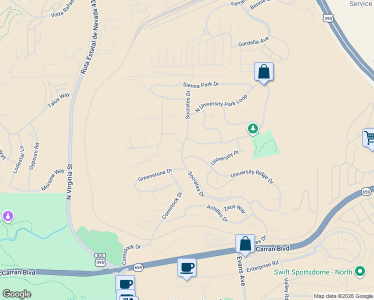 map of restaurants, bars, coffee shops, grocery stores, and more near 3405 Socrates Drive in Reno