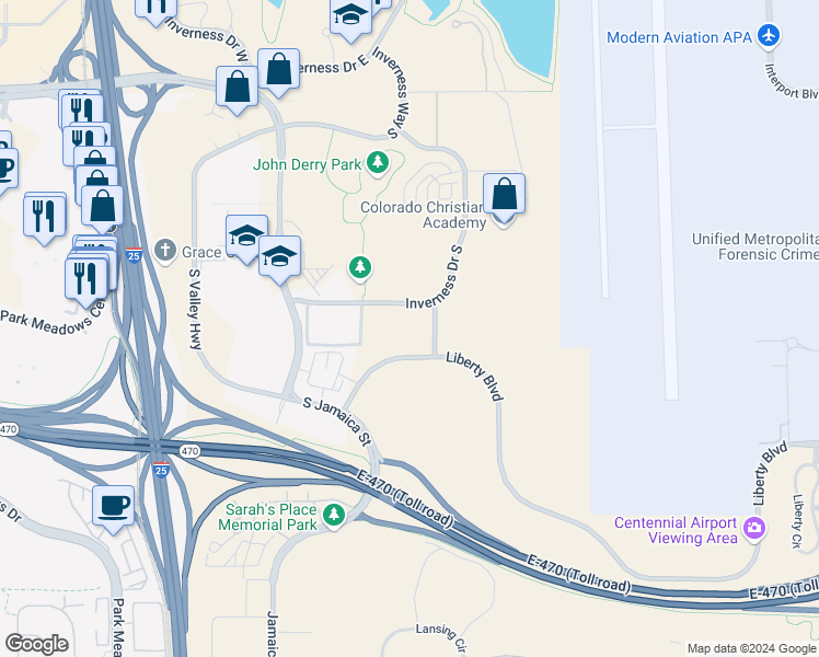map of restaurants, bars, coffee shops, grocery stores, and more near 349 Inverness Drive South in Englewood