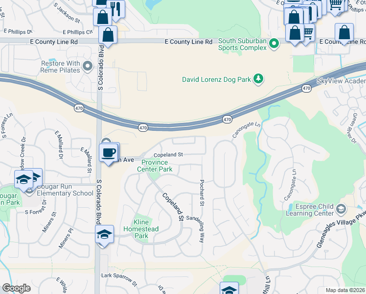 map of restaurants, bars, coffee shops, grocery stores, and more near 4538 Copeland Loop in Highlands Ranch