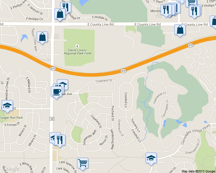 map of restaurants, bars, coffee shops, grocery stores, and more near 4605 Copeland Lane in Littleton