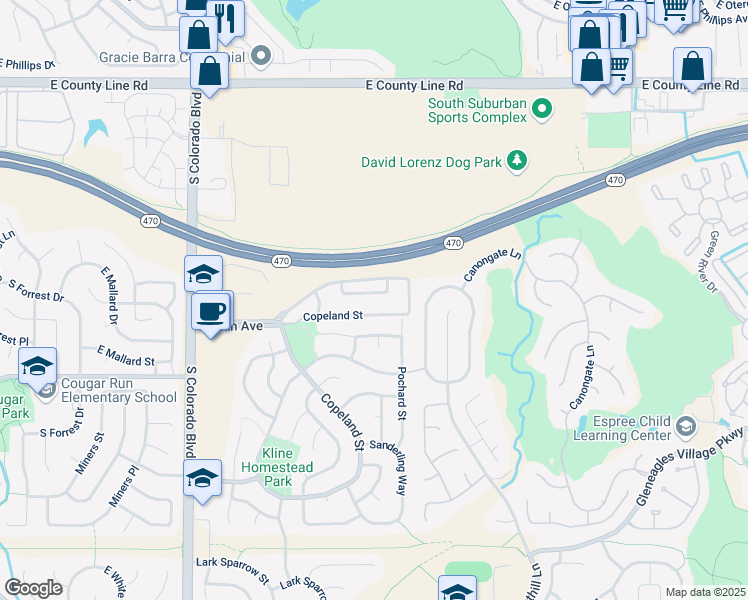 map of restaurants, bars, coffee shops, grocery stores, and more near 4605 Copeland Lane in Littleton