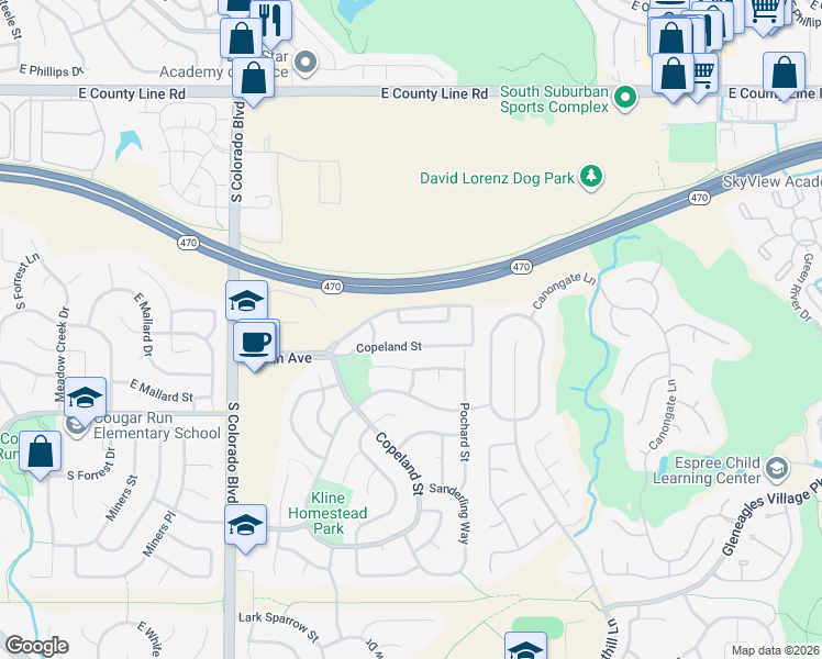 map of restaurants, bars, coffee shops, grocery stores, and more near 4465 Copeland Street in Littleton