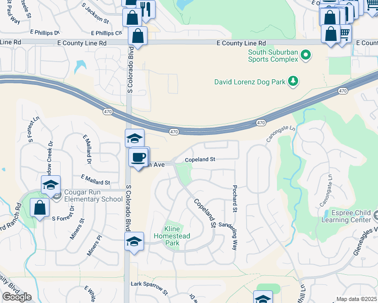 map of restaurants, bars, coffee shops, grocery stores, and more near 4799 Copeland Circle in Littleton