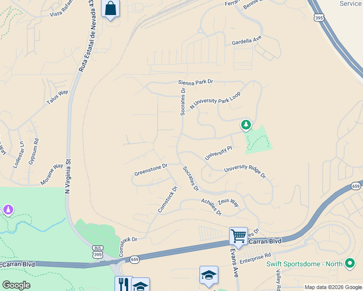 map of restaurants, bars, coffee shops, grocery stores, and more near 3405 Socrates Drive in Reno
