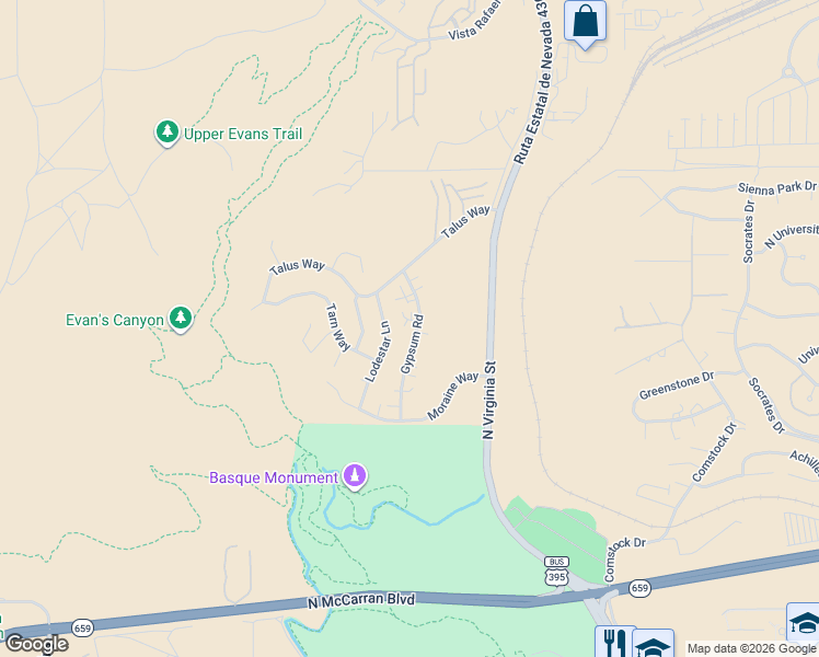 map of restaurants, bars, coffee shops, grocery stores, and more near 3590 Gypsum Road in Reno