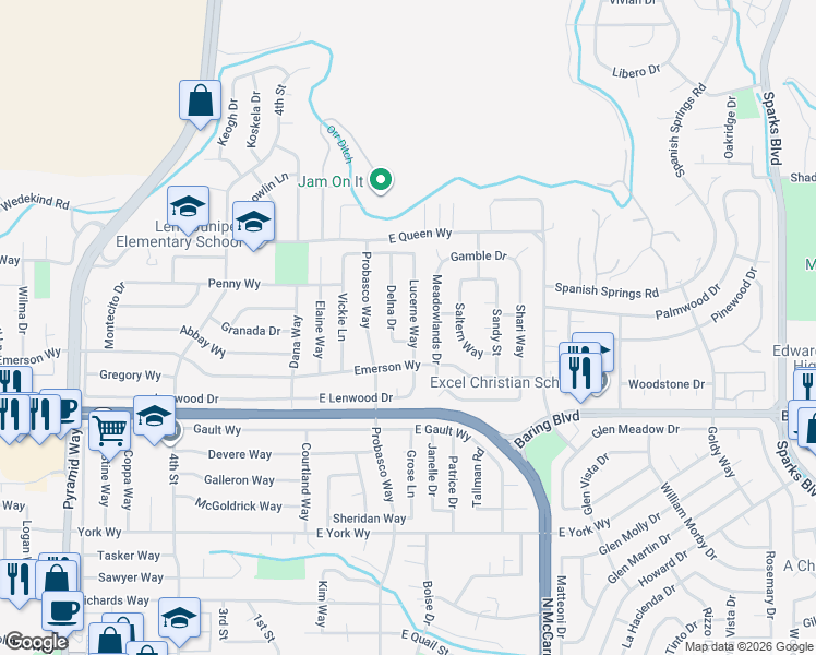 map of restaurants, bars, coffee shops, grocery stores, and more near 3255 Lucerne Way in Sparks